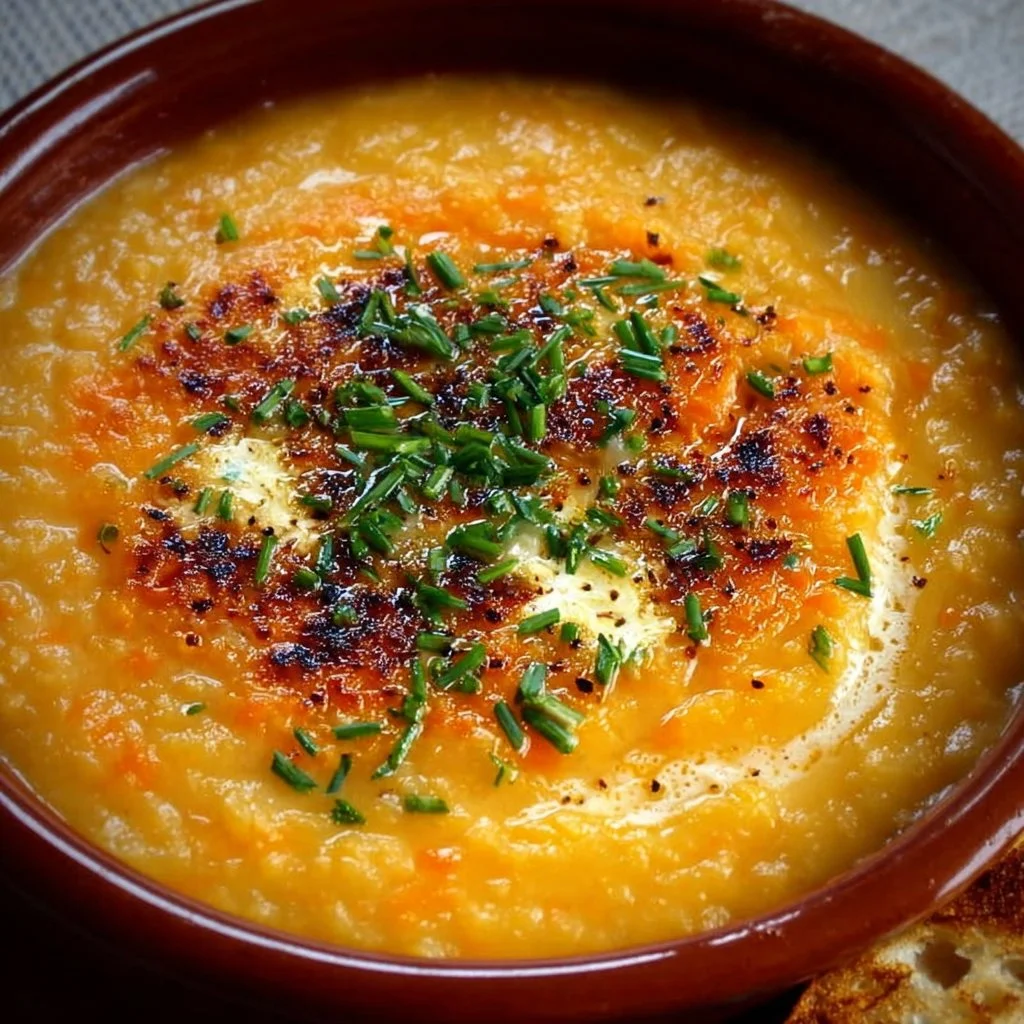 Bowl of delicious one pot creamy carrot lentil soup garnished with fresh herbs