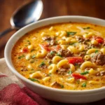 Delicious one-pot macaroni cheeseburger soup garnished with herbs.