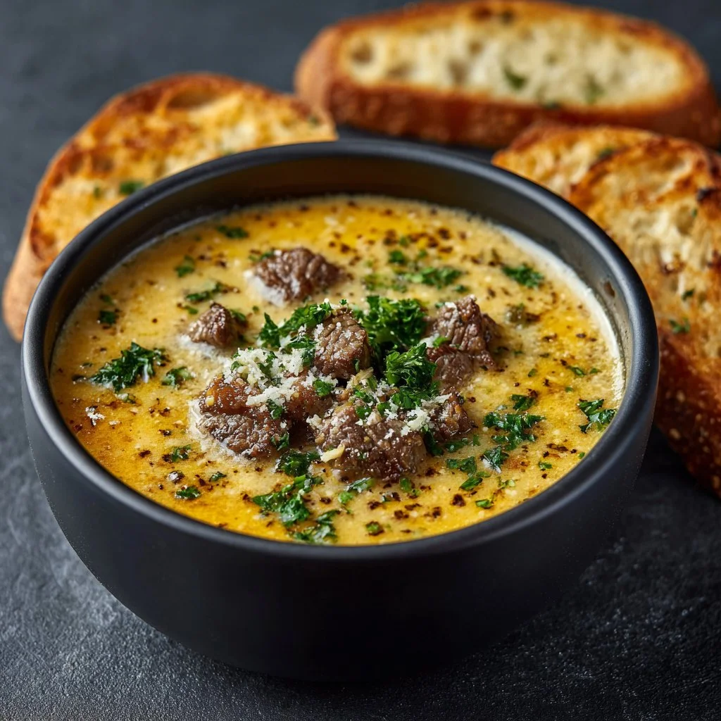 A bowl of creamy Philly cheese steak soup topped with melted cheese and fresh herbs