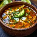 Bowl of Poblano Chicken Tortilla Soup garnished with fresh cilantro and tortilla strips