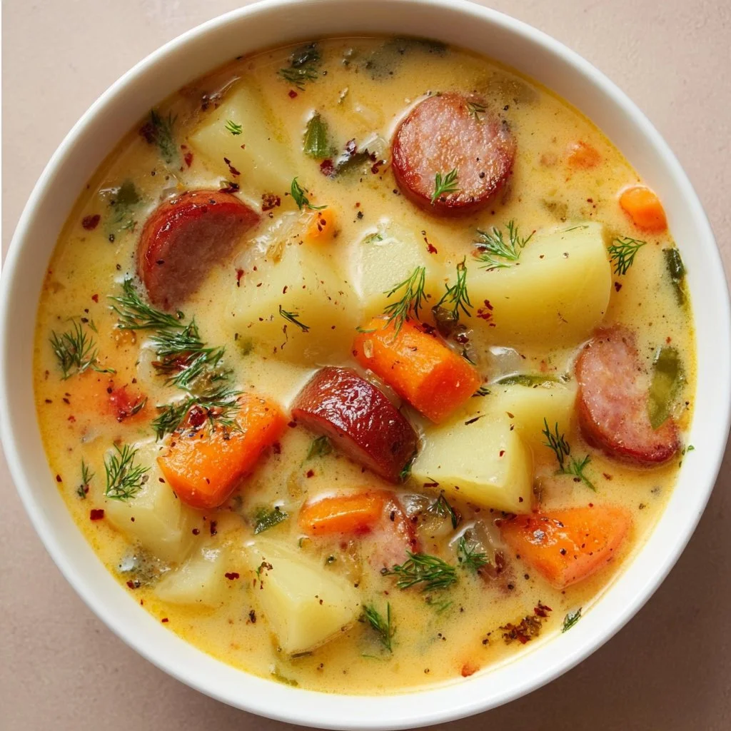 Bowl of Polish Potato Soup (Kartoflanka) with herbs and bread