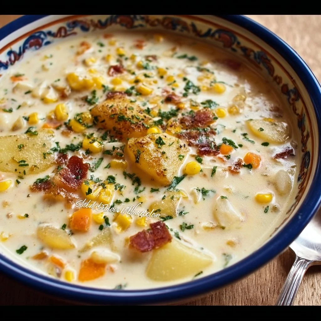 Creamy Potato and Corn Chowder served in a bowl garnished with herbs