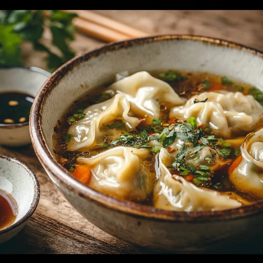 Delicious bowl of potsticker soup with dumplings and vegetables