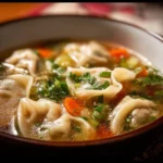 A bowl of steaming Potsticker Soup with dumplings and vegetables