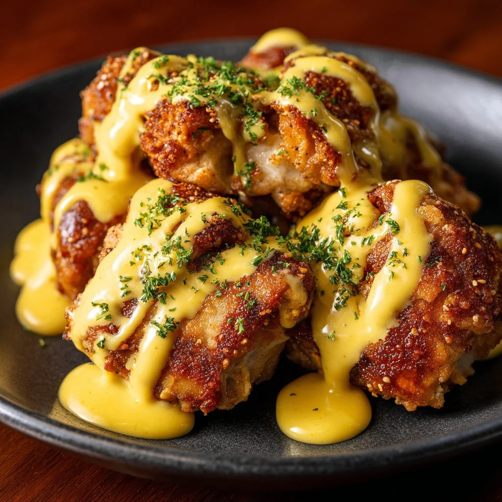 Crispy Pretzel Chicken served with creamy mustard-cheddar sauce on a plate.