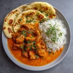 Delicious homemade butter chicken served with rice and naan bread