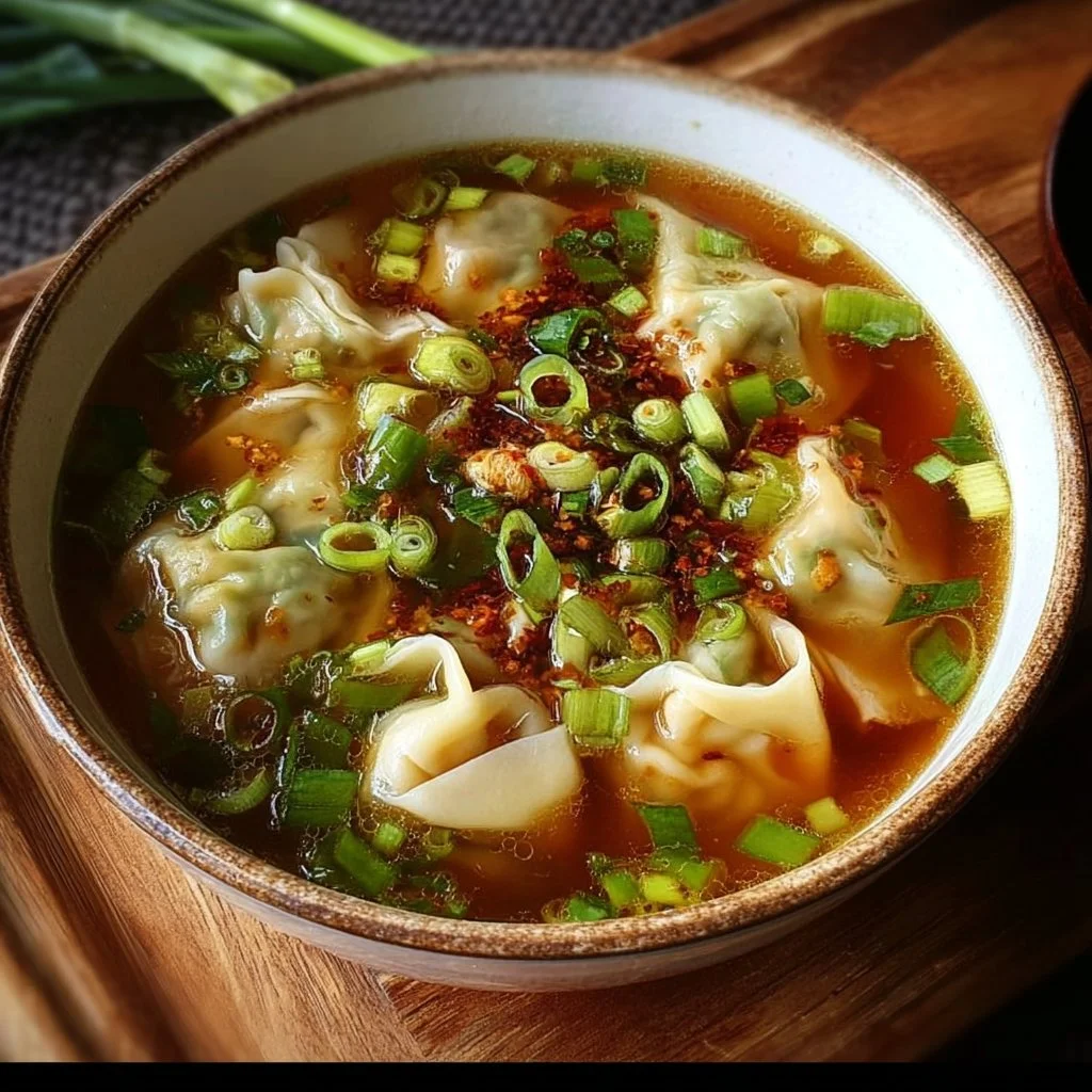 Delicious quick and easy wonton soup served in a bowl with fresh herbs