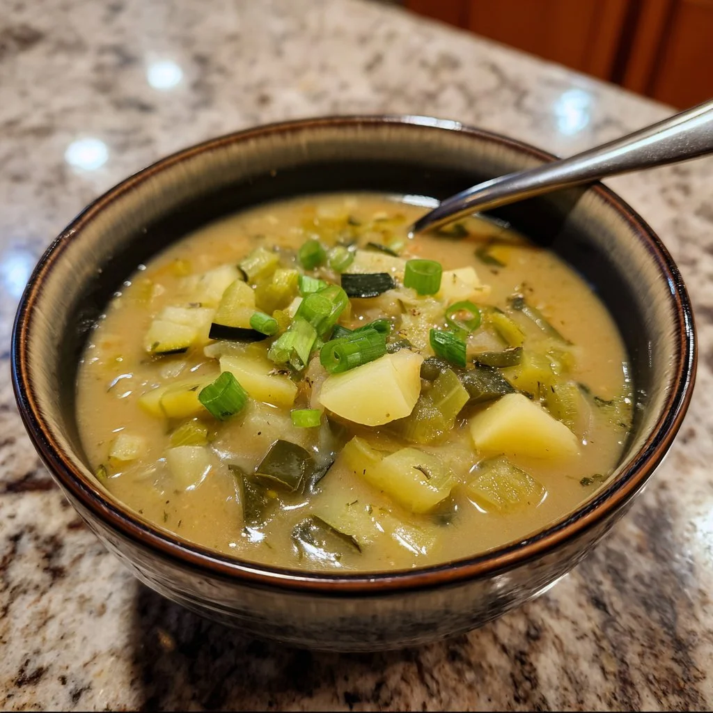 A bowl of Ratatouille Inspired Potato Leek Soup garnished with fresh herbs