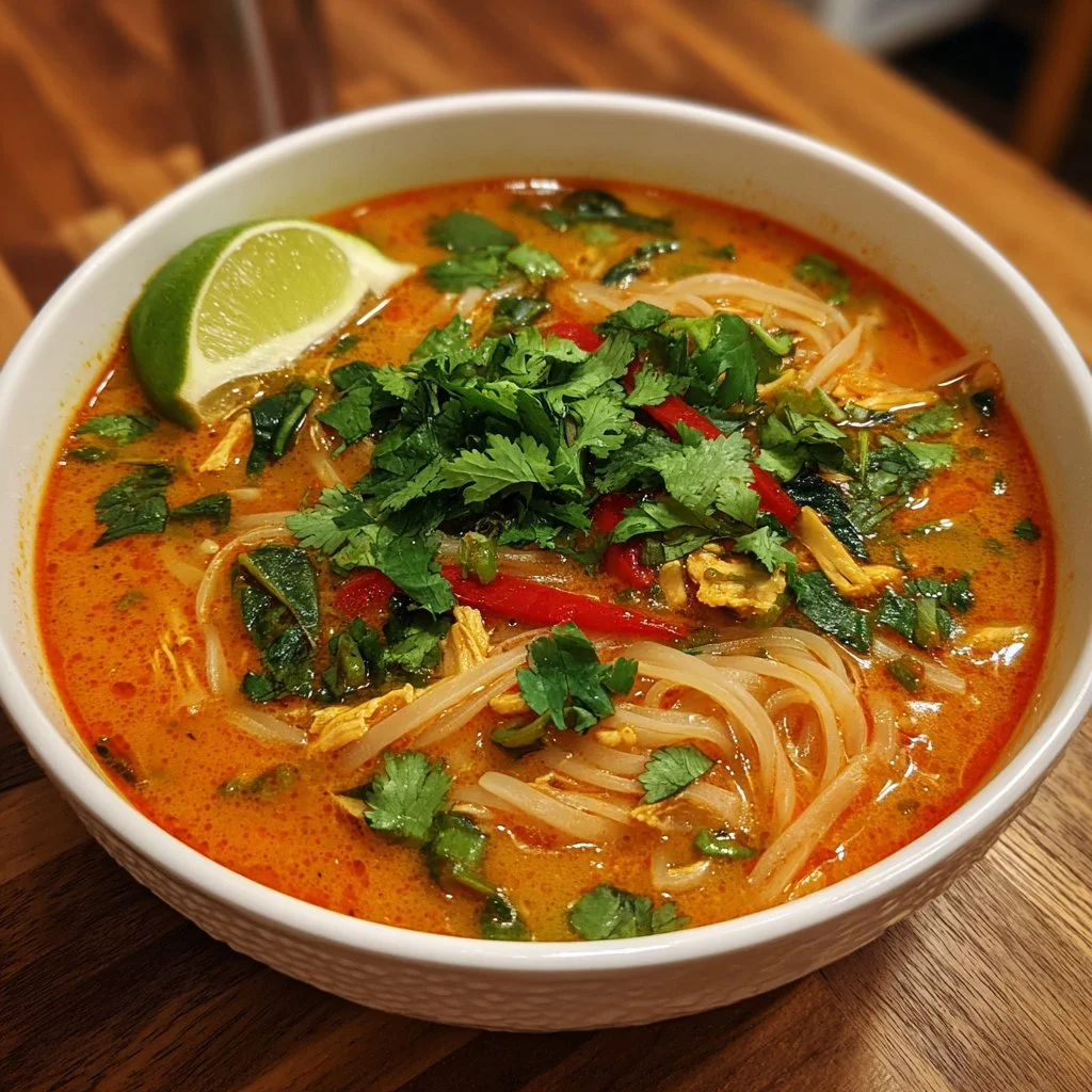 Bowl of red curry noodle soup topped with herbs and vegetables.