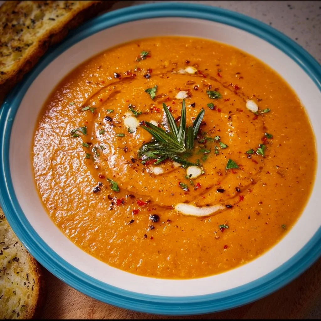 A bowl of delicious roasted vegetable soup with colorful veggies.