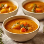 Bowl of roasted vegetable soup filled with fresh vegetables and herbs