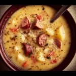 Bowl of hearty sausage potato soup garnished with fresh herbs