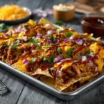 Delicious Sheet Pan BBQ Chicken Nachos topped with cheese and jalapenos