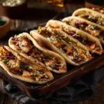 Sheet pan chicken pitas served with fresh vegetables and sauce