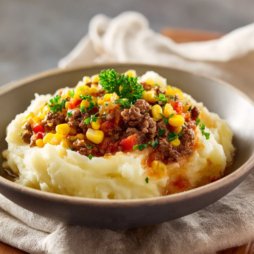 Shepherd's Pie Baked Potato topped with creamy mashed potatoes and savory filling