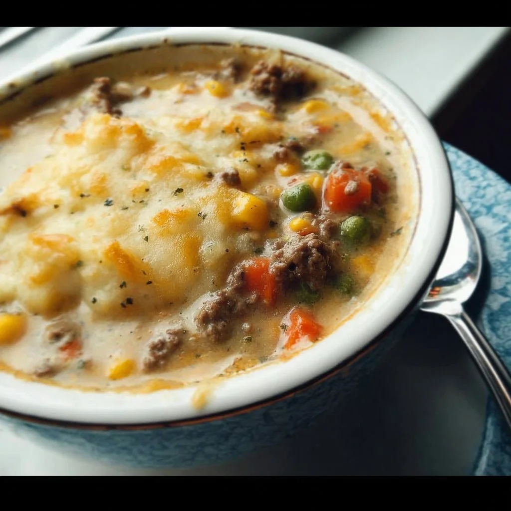 Bowl of Shepherd's Pie Soup featuring ground meat and vegetables