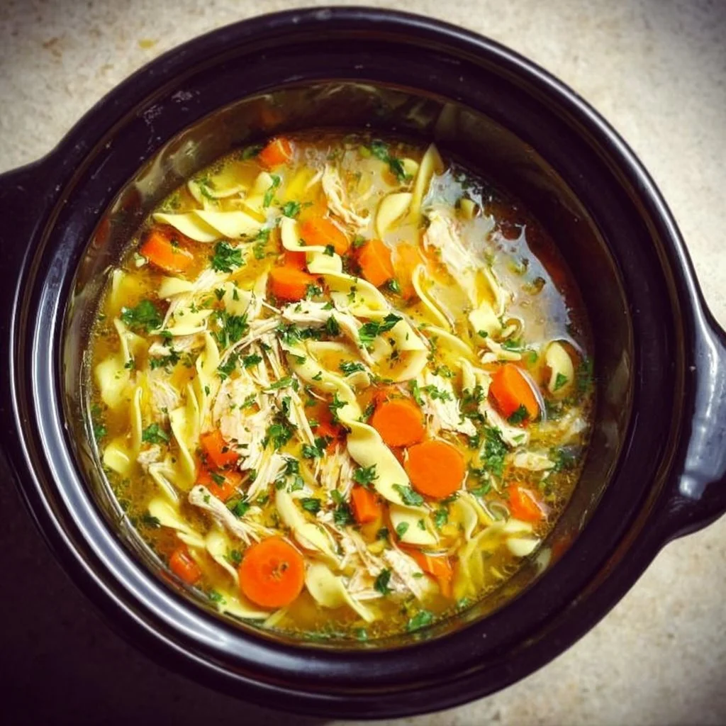 Delicious slow cooker chicken noodle soup in a bowl with noodles and vegetables