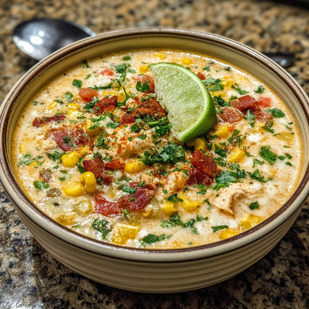 Bowl of Slow Cooker Mexican Street Corn Soup topped with cilantro and cheese