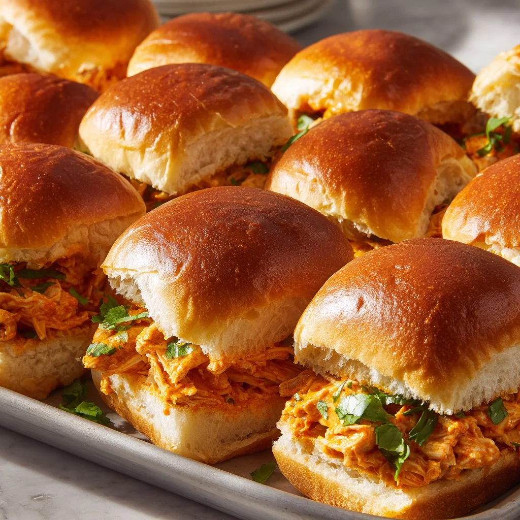 Spicy Buffalo Chicken Sliders garnished with toppings on a platter