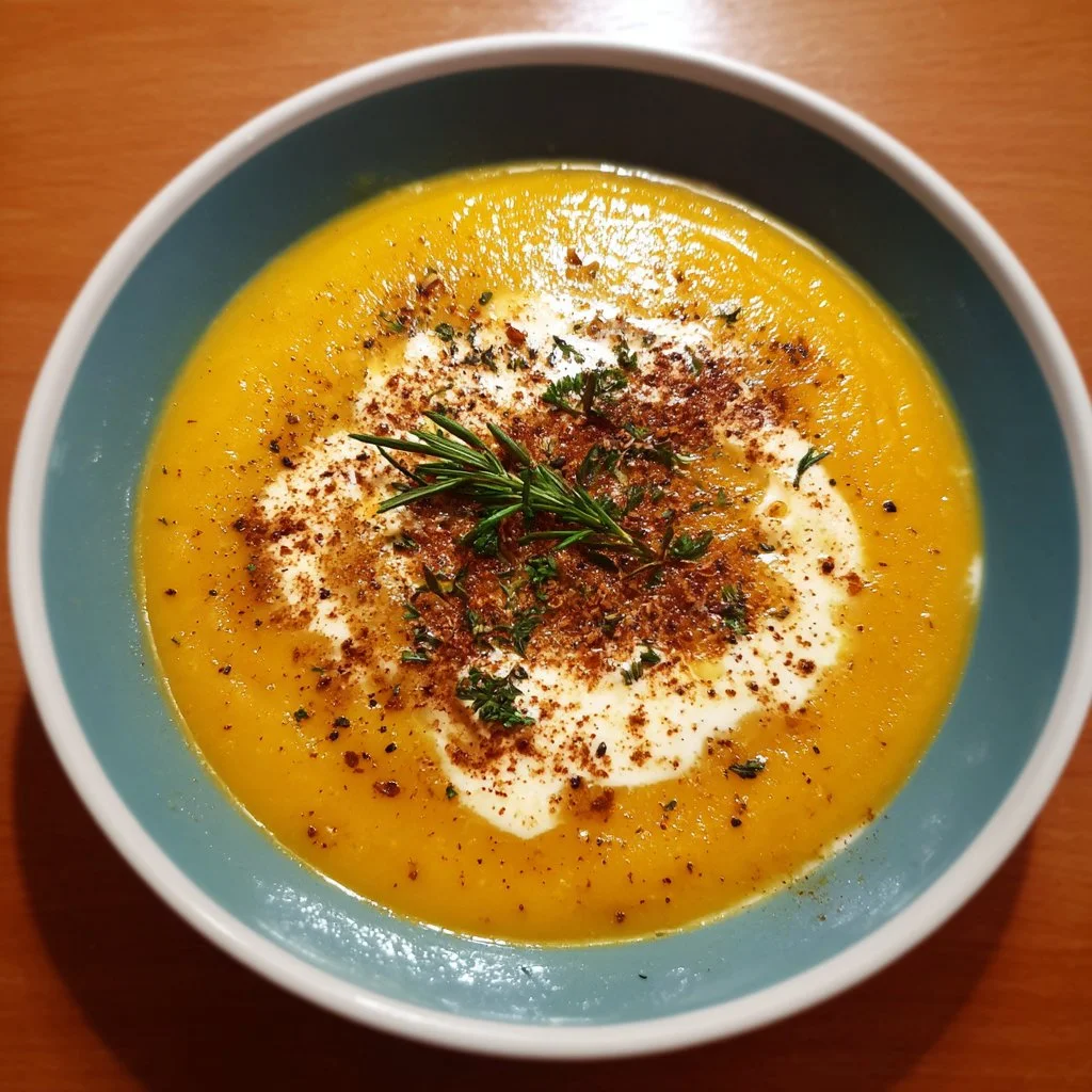 Bowl of spicy butternut squash soup garnished with herbs