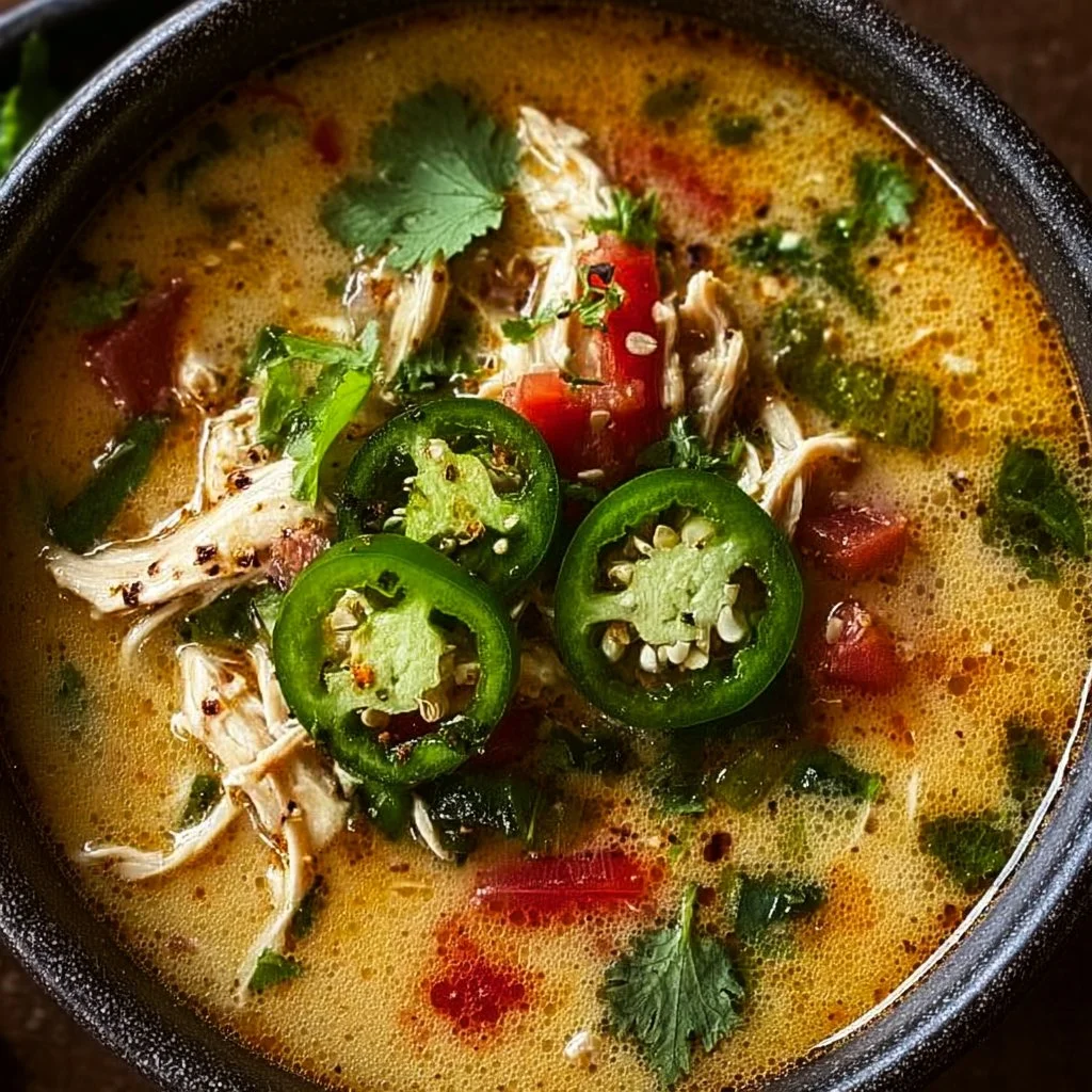 Bowl of spicy jalapeño popper chicken soup garnished with jalapeños and cheese