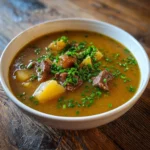 Bowl of hearty Steak and Potato Soup with garnish