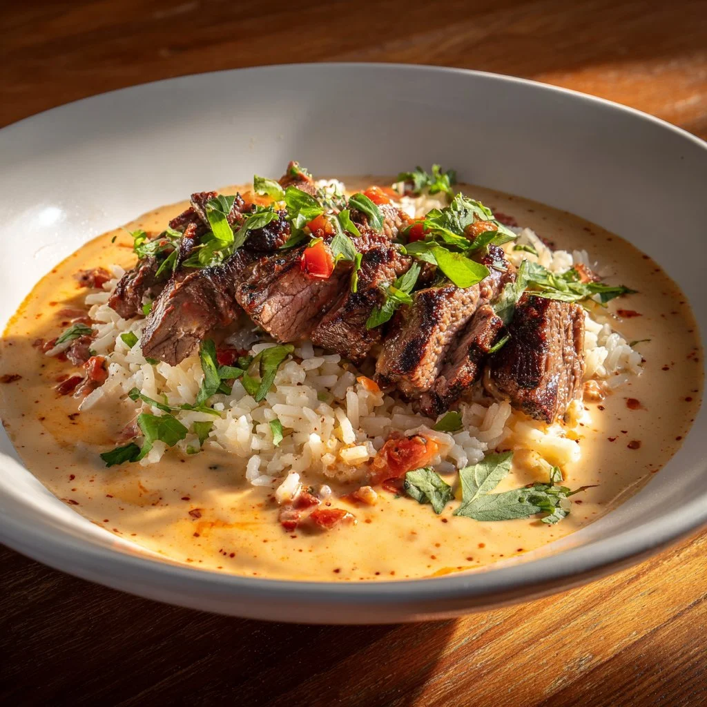 Delicious steak queso rice topped with creamy queso and fresh herbs.