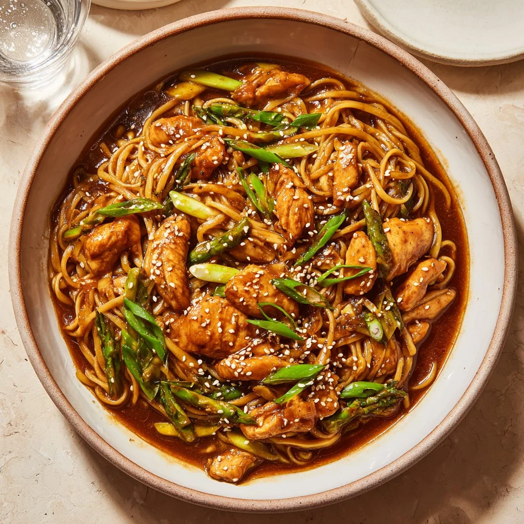 Delicious sticky garlic chicken noodles served in a bowl