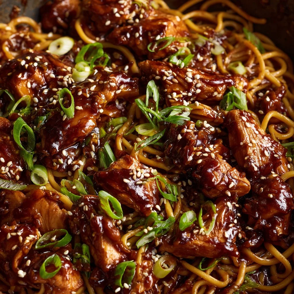 Delicious sticky garlic chicken noodles served in a bowl with fresh herbs
