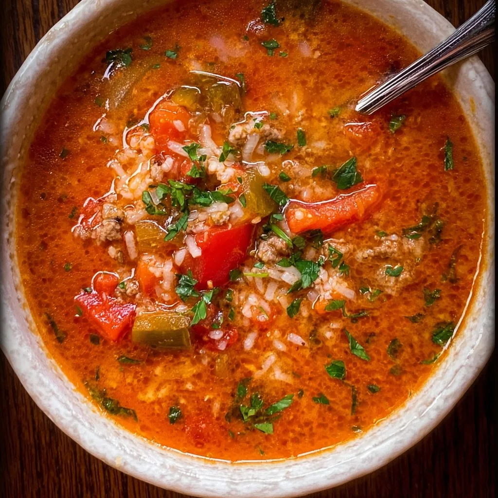 A bowl of flavorful stuffed pepper soup garnished with fresh herbs.