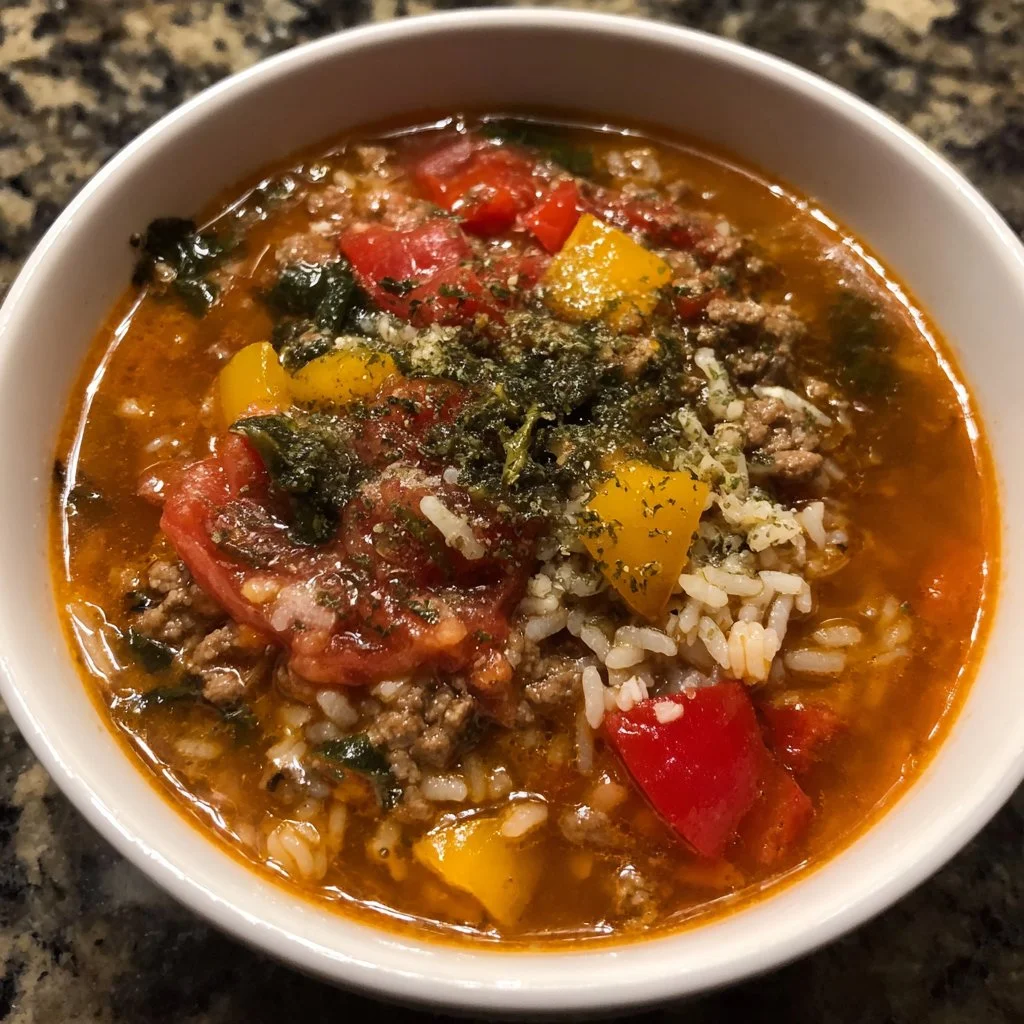 Bowl of stuffed pepper soup topped with fresh herbs and served with crusty bread