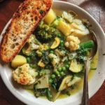 Bowl of vibrant green sheet pan soup with fresh vegetables on a wooden table