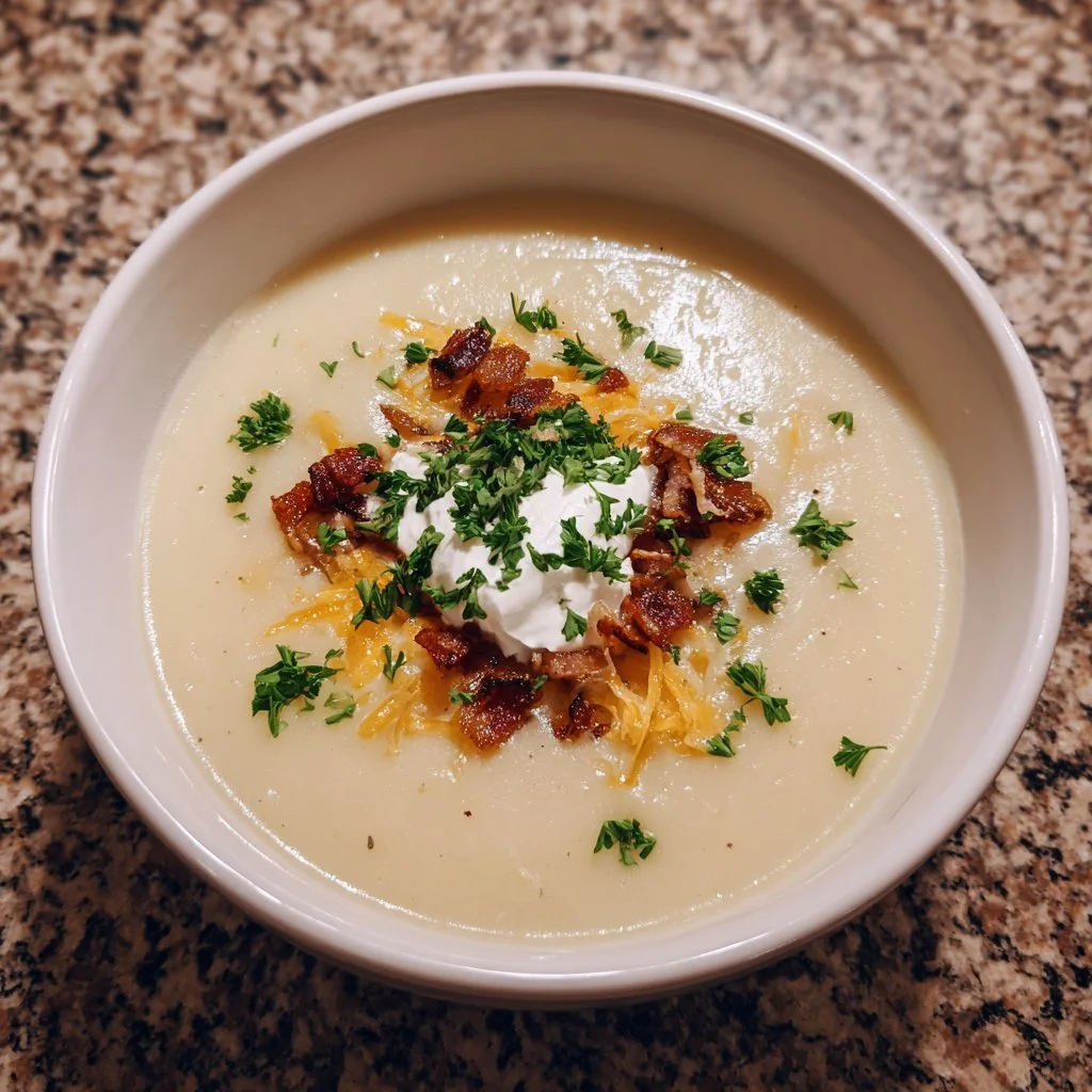 Bowl of creamy homemade potato soup topped with green onions and served with bread