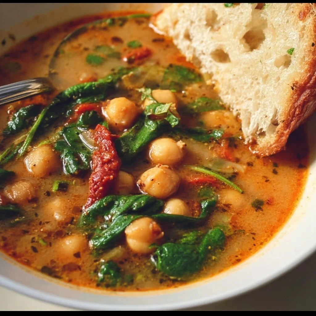 Bowl of Tuscan garbanzo bean soup with fresh herbs and vegetables