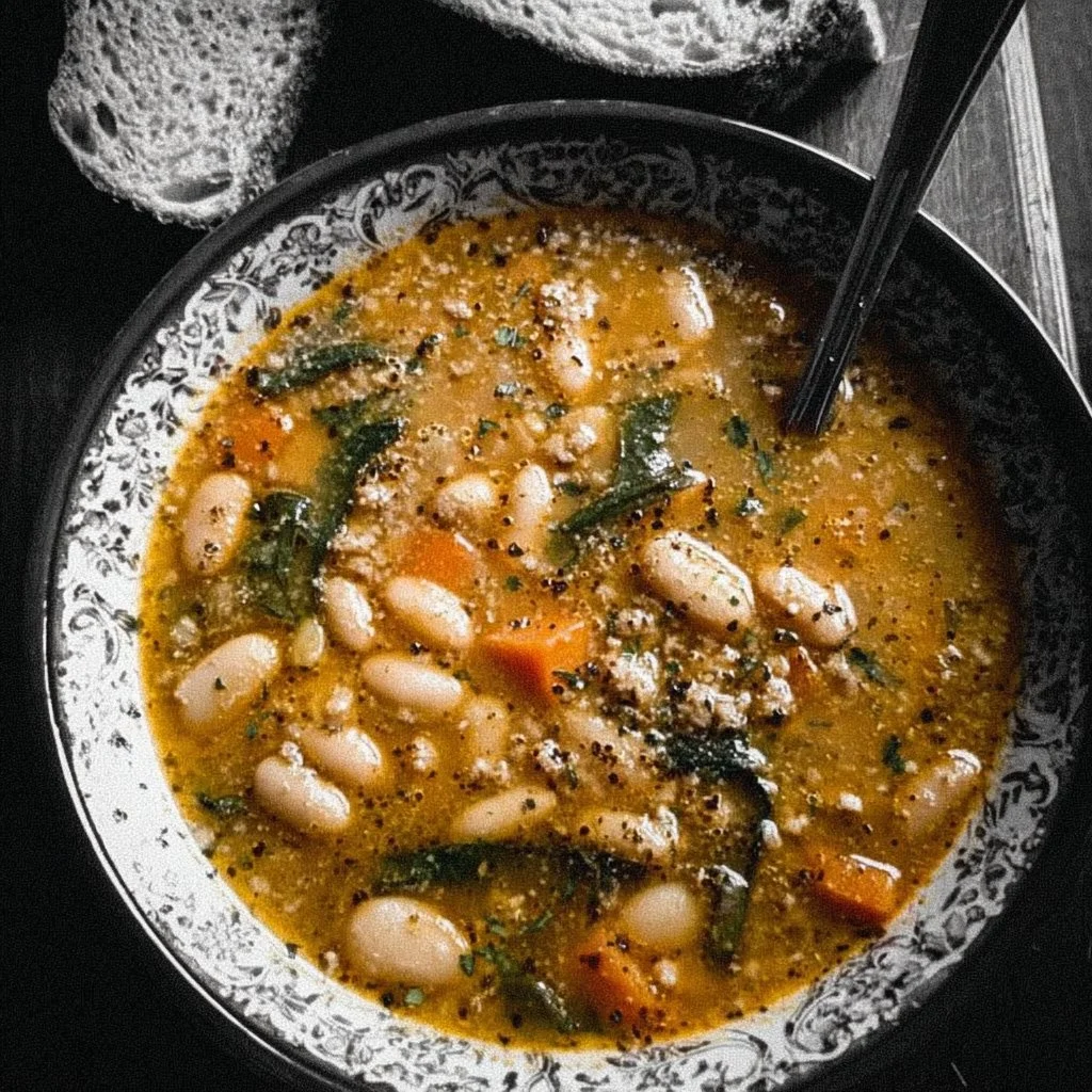 Delicious bowl of Tuscan White Bean Soup with herbs and spices.