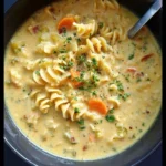 Bowl of vegan creamy pasta soup with fresh herbs and vegetables