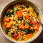 Bowl of vegan orzo lemon soup garnished with fresh herbs