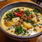 Bowl of Vegan Tuscan Soup rich in vegetables and savory flavors