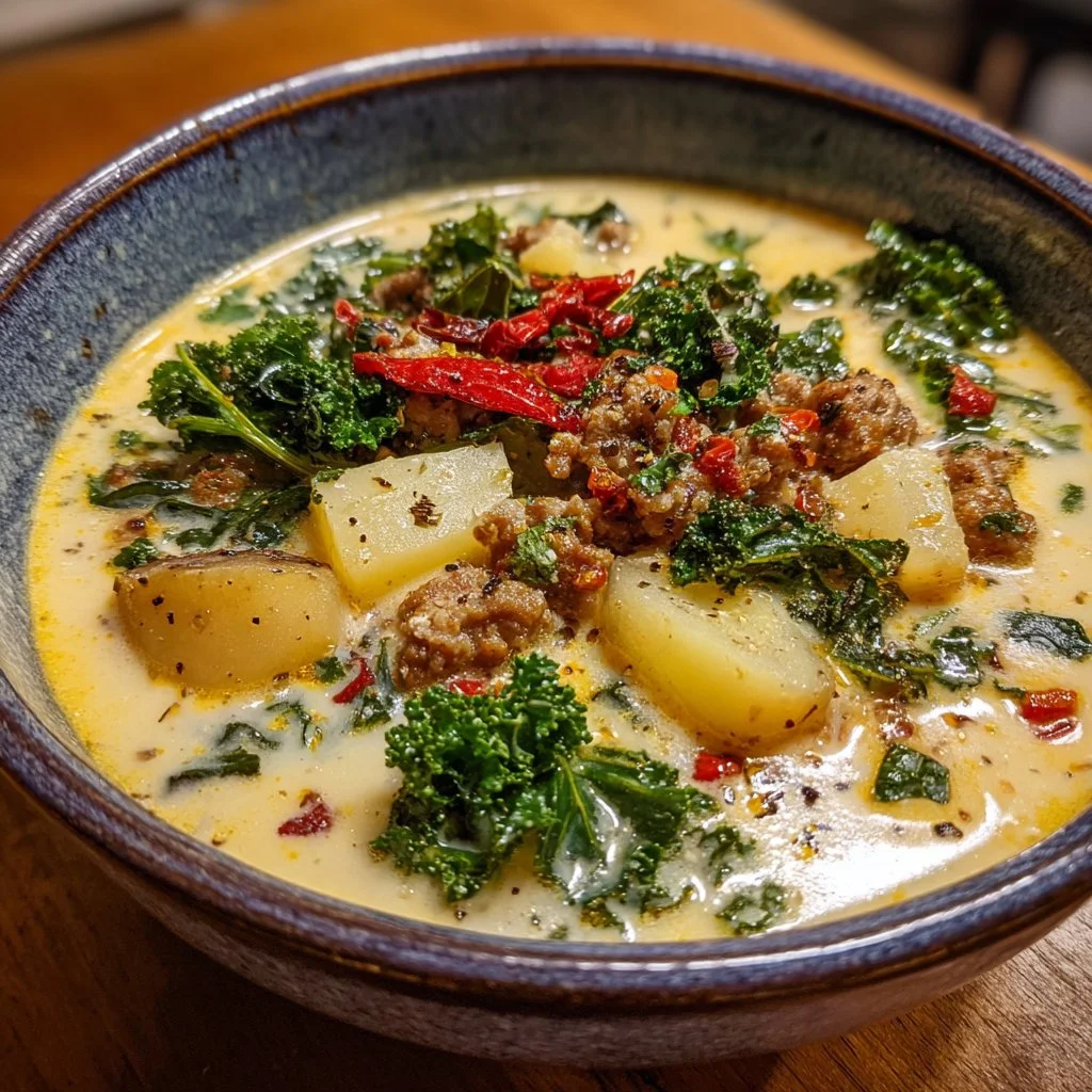 Bowl of Vegan Tuscan Soup rich in vegetables and savory flavors