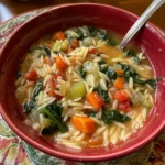 Bowl of delicious Vegetable Orzo Soup with fresh vegetables and herbs
