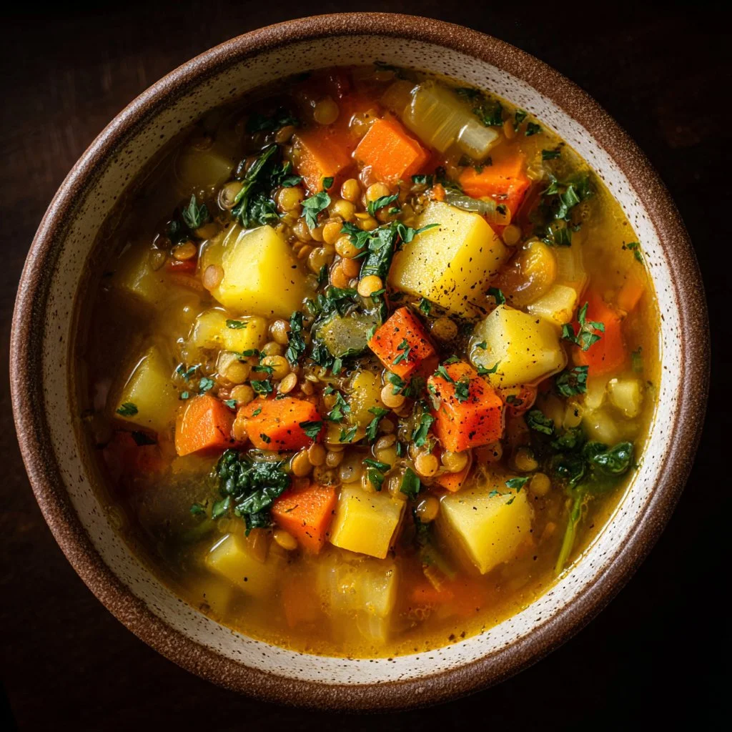 Bowl of delicious vegetarian lentil soup with fresh herbs and vegetables
