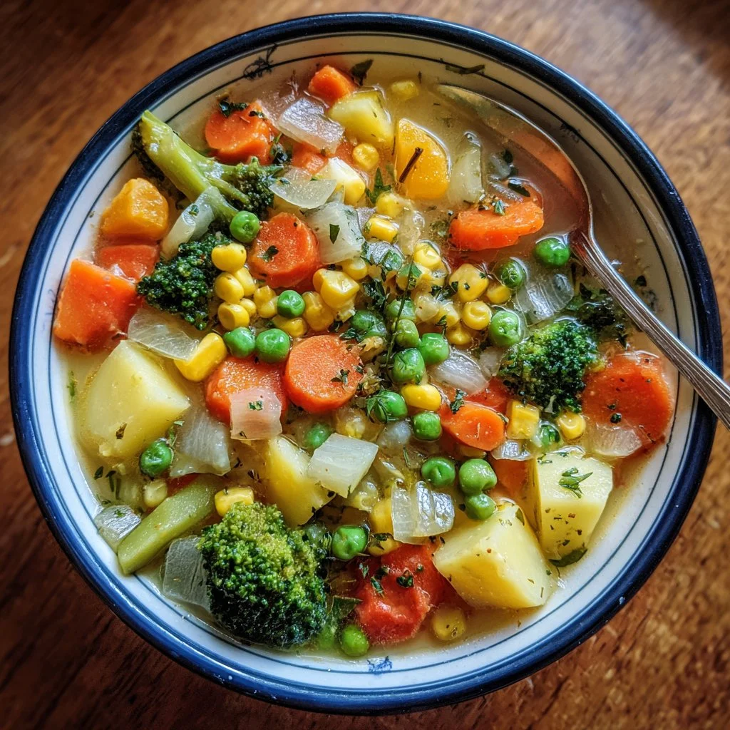 A warm bowl of Veggie Pot Pie Soup topped with fresh herbs and flaky pastry.