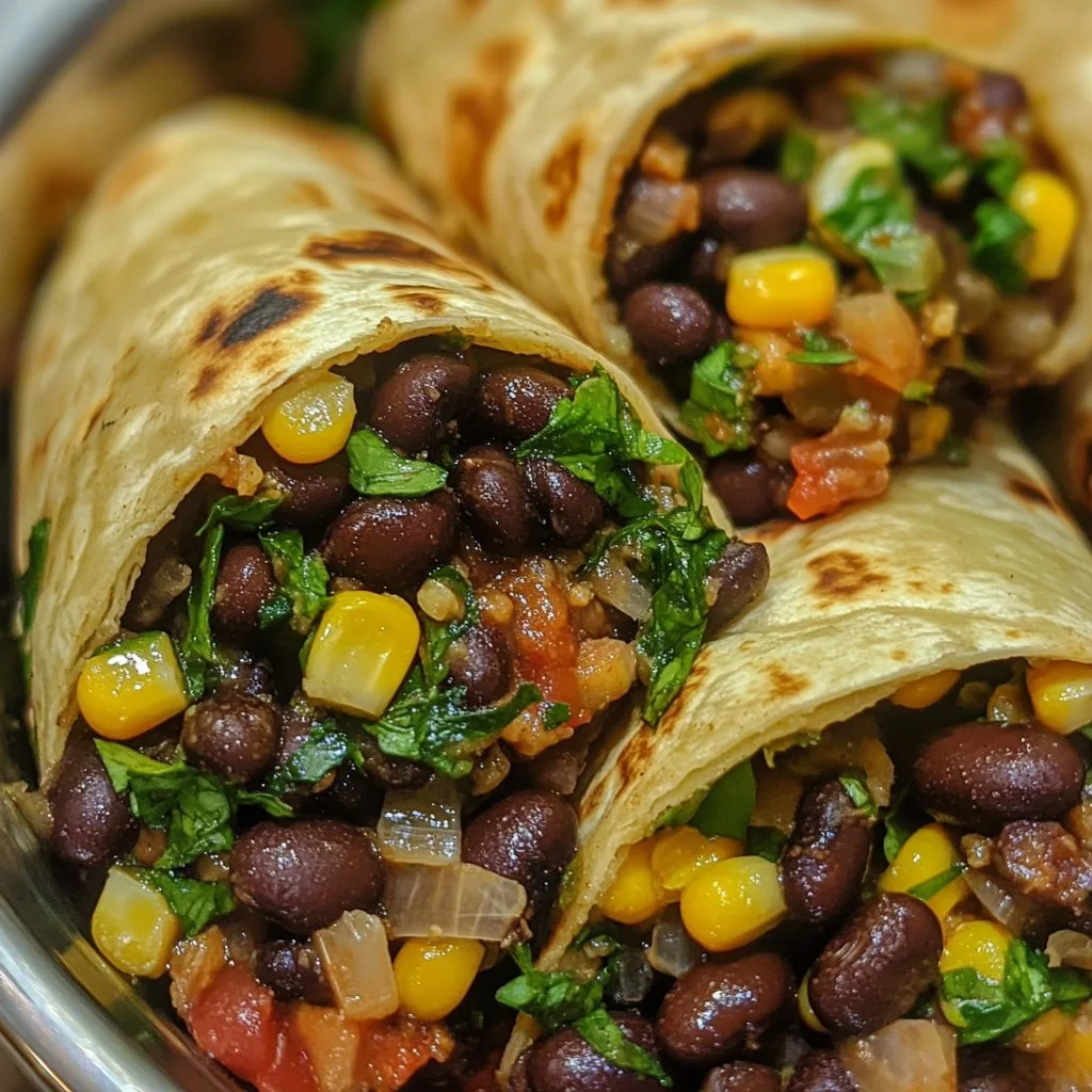 Delicious black bean and spinach burritos on a plate, ready to serve.