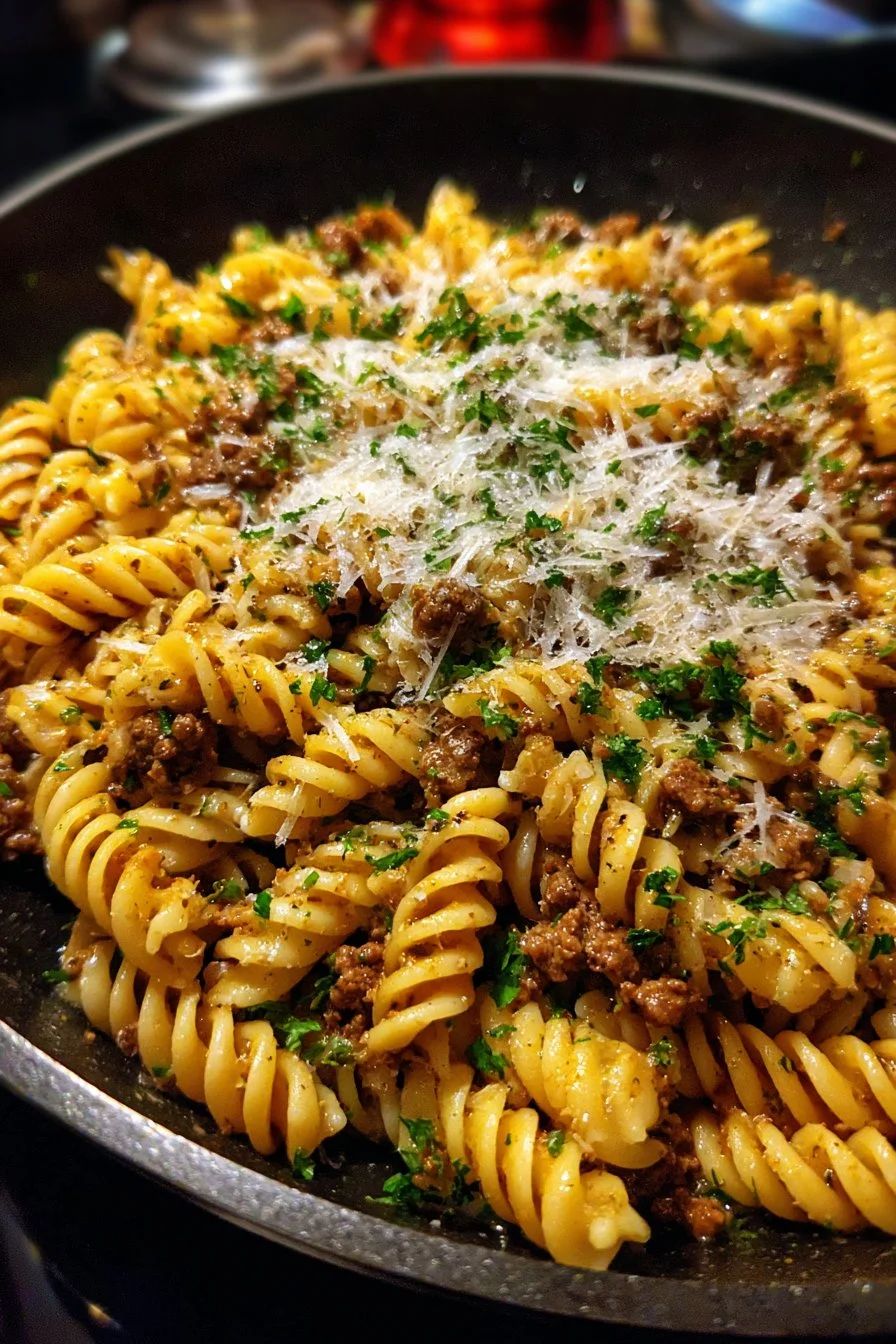 Creamy Garlic Parmesan Rotini with Ground Beef