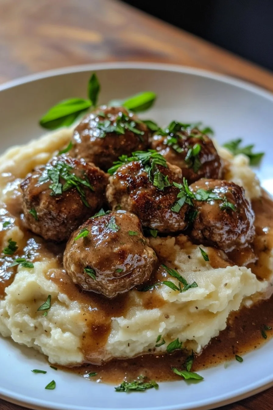 Salisbury Steak Meatballs with Garlic Herb Mashed Potatoes