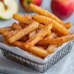 Delicious air fryer apple fries served on a plate with cinnamon