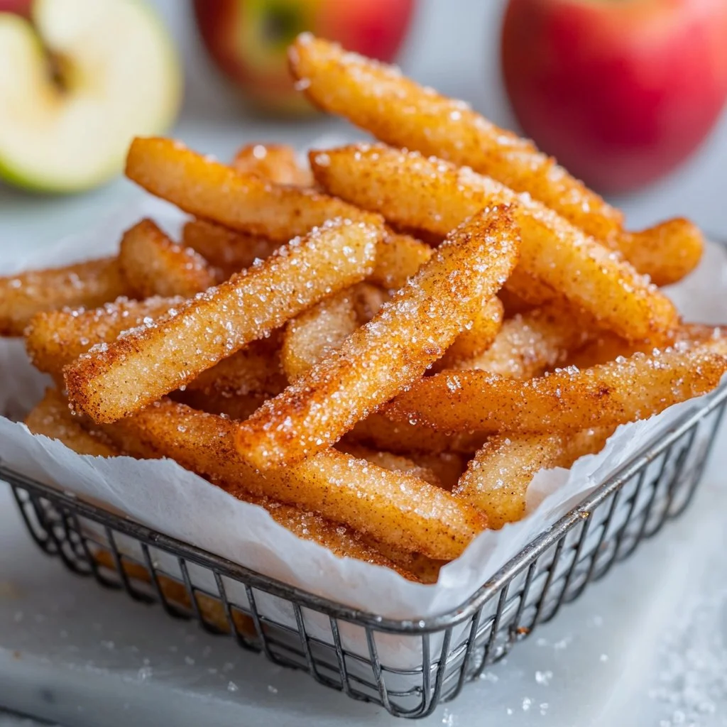 Delicious air fryer apple fries served on a plate with cinnamon