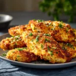 Air Fryer Parmesan Crusted Chicken plated with herbs and lemon