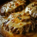 Amish Hamburger Steak Bake served in a dish with vegetables and gravy