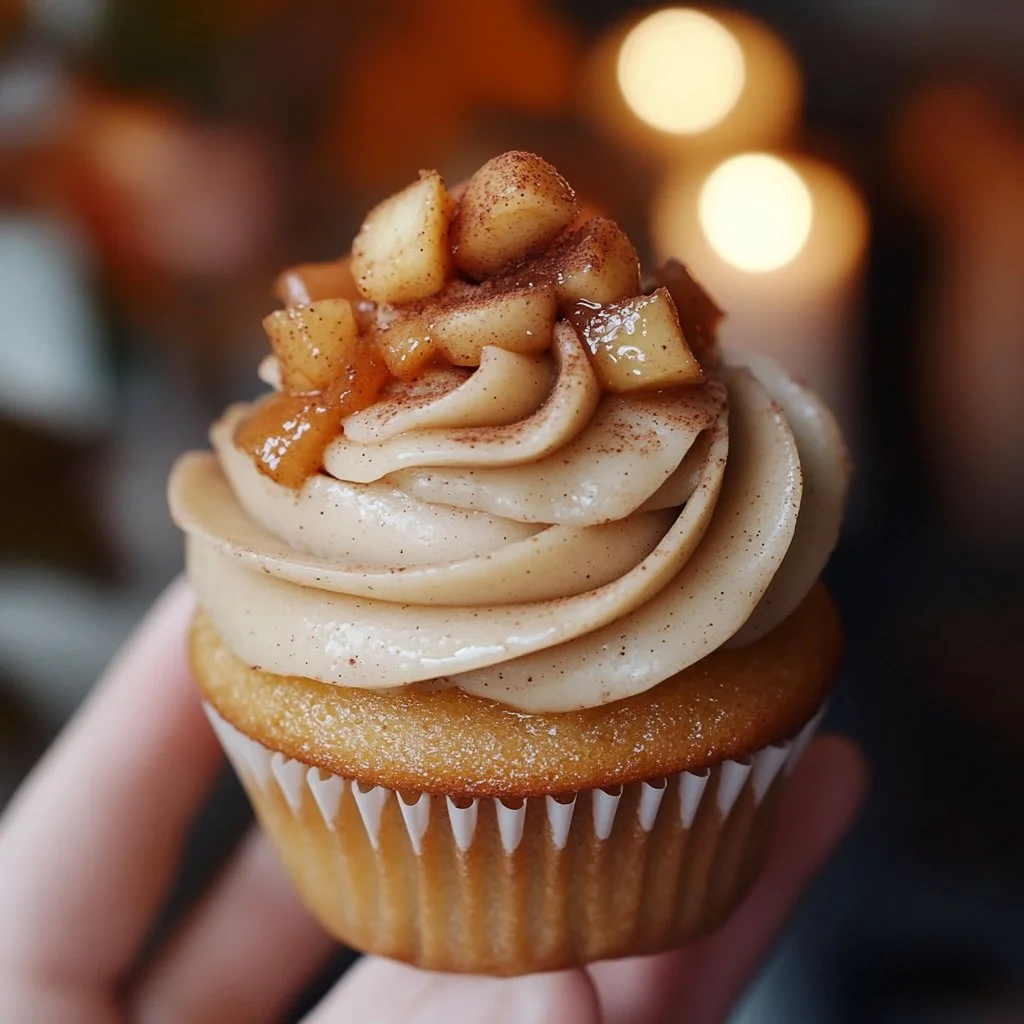 Delicious apple pie cupcakes topped with cinnamon and whipped cream